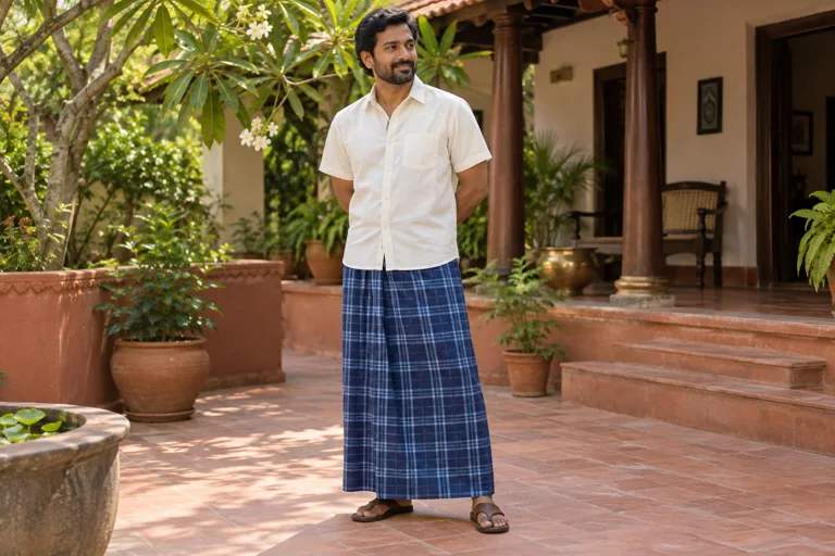 AI-generated model wearing a blue checked lungi; styling inspiration only