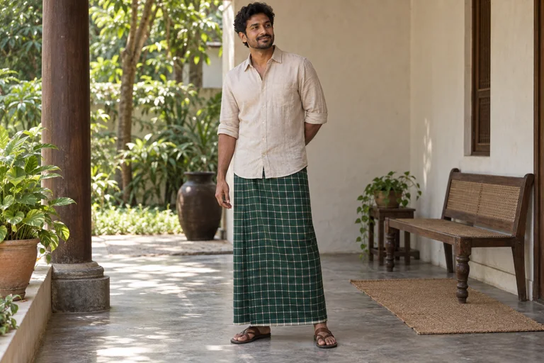 AI-generated model wearing a green checked lungi; styling inspiration only