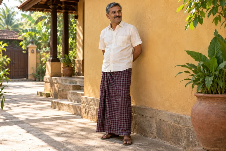 AI-generated model wearing a maroon checked lungi; styling inspiration only