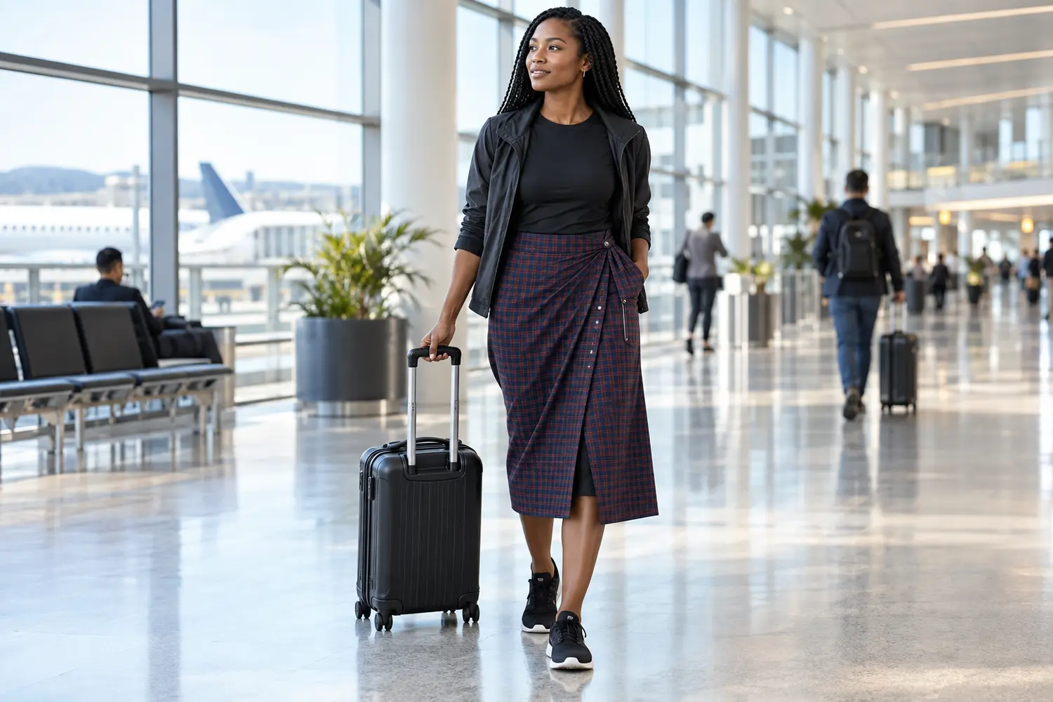 Woman wearing a modern checked lungi at an airport