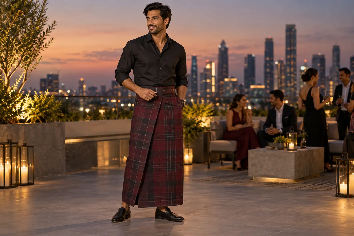 Premium burgundy lungi styling on a rooftop