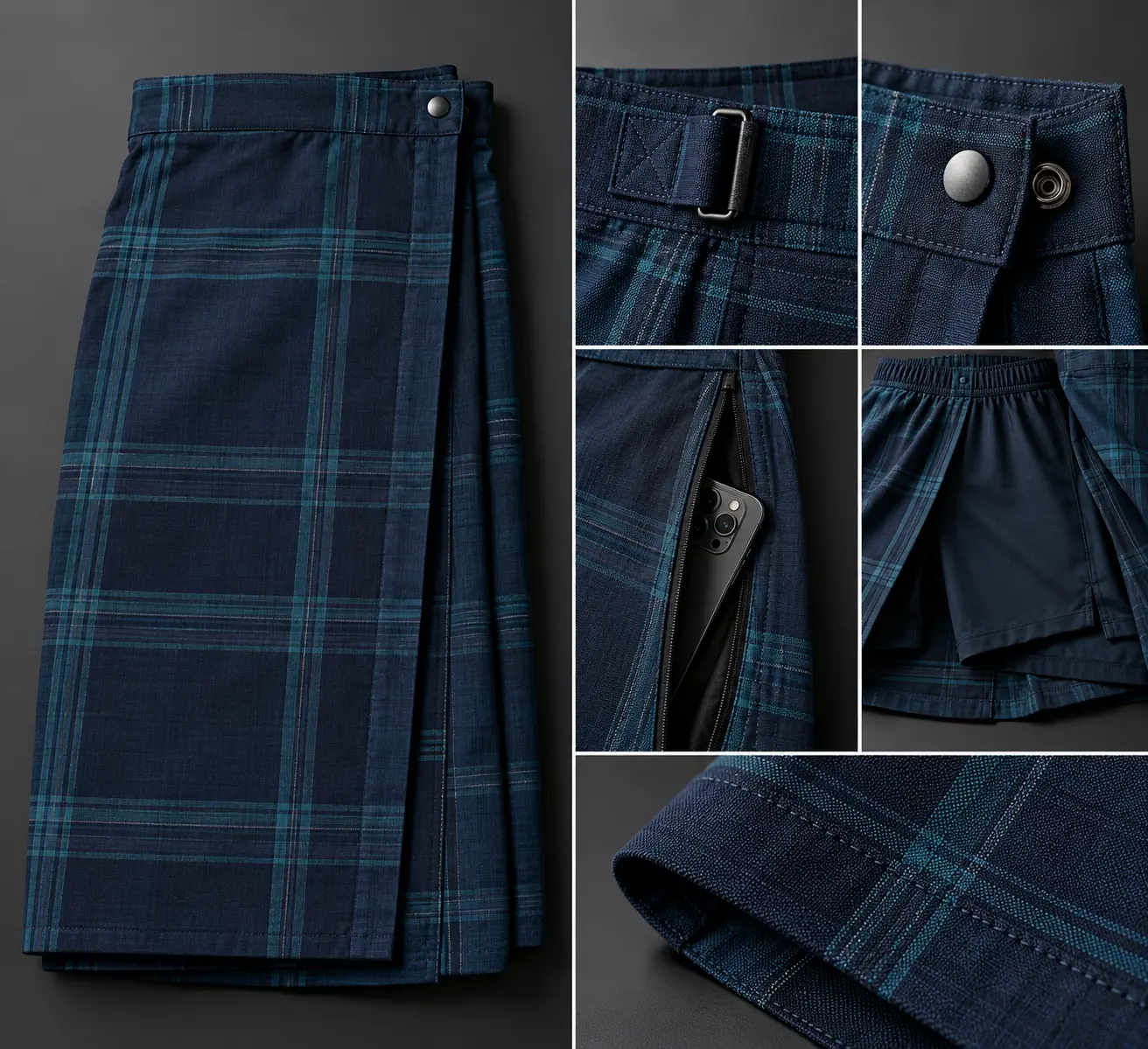 Modern lungi detail concepts including buckle, snap, zip pocket and inner short