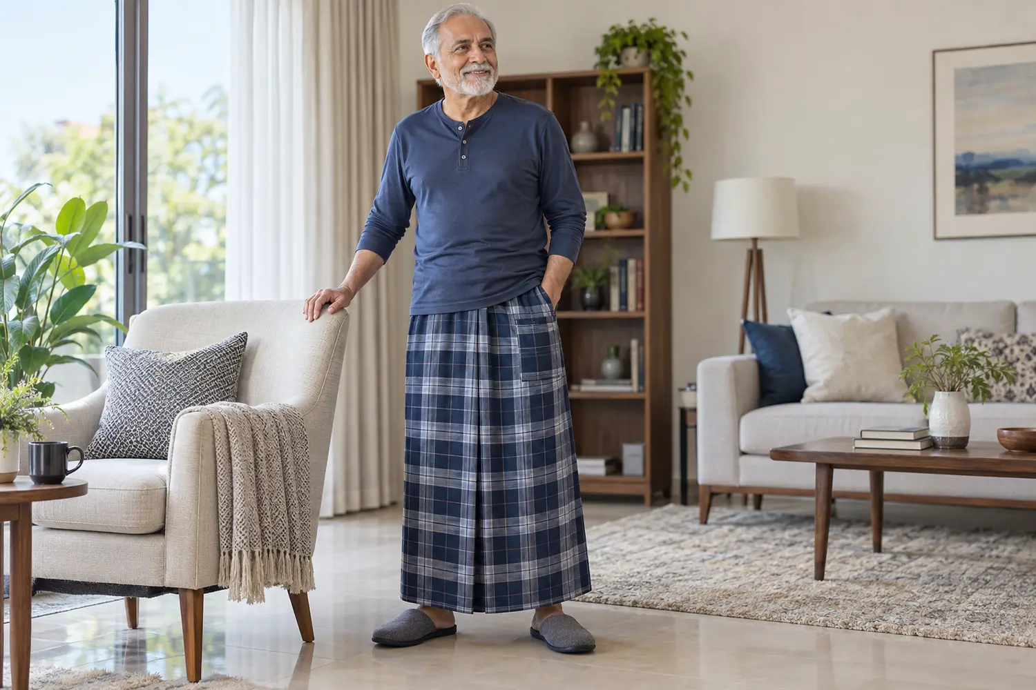 Older man wearing a soft modern lungi at home