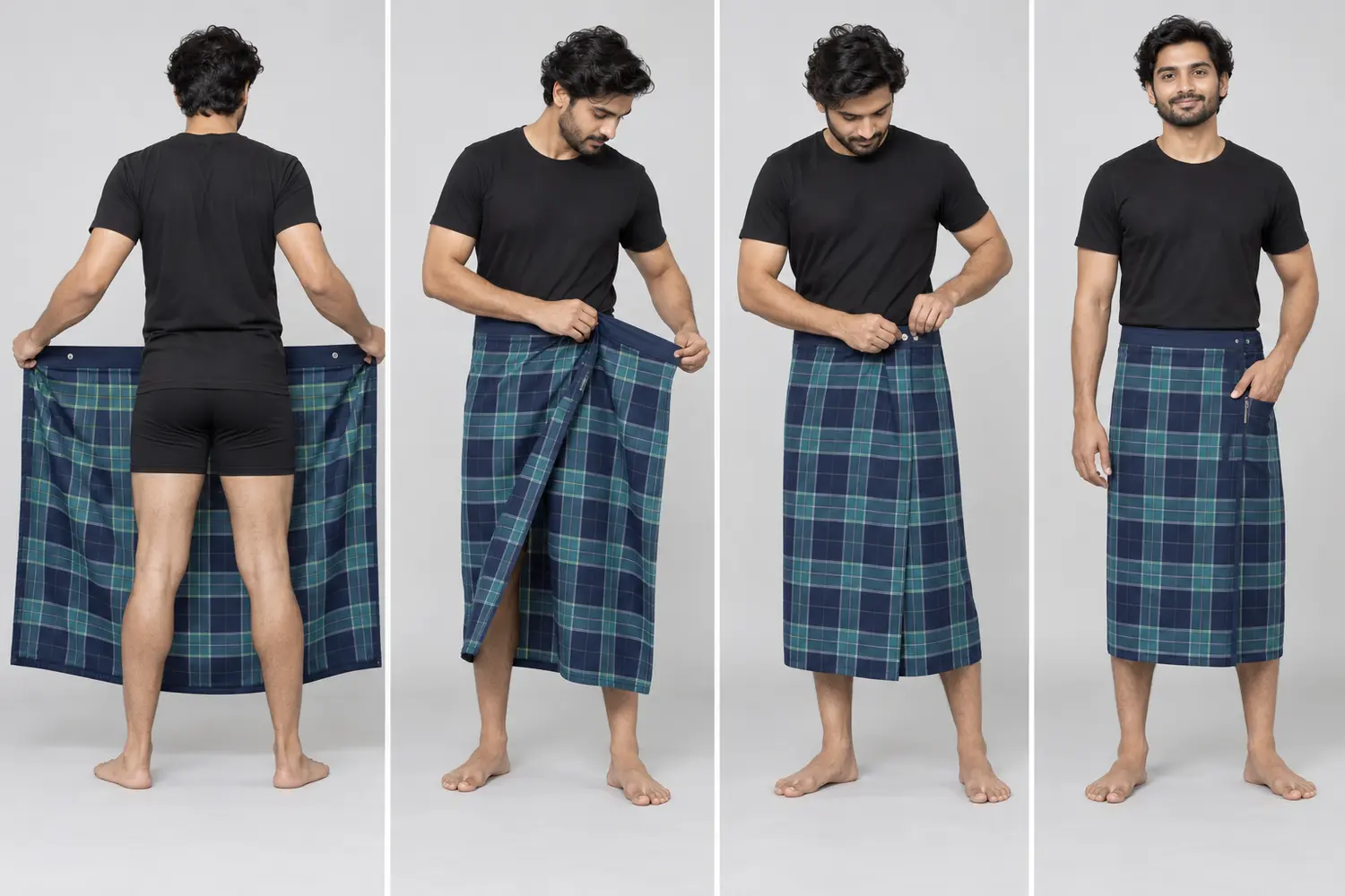 Step by step modern lungi wearing concept