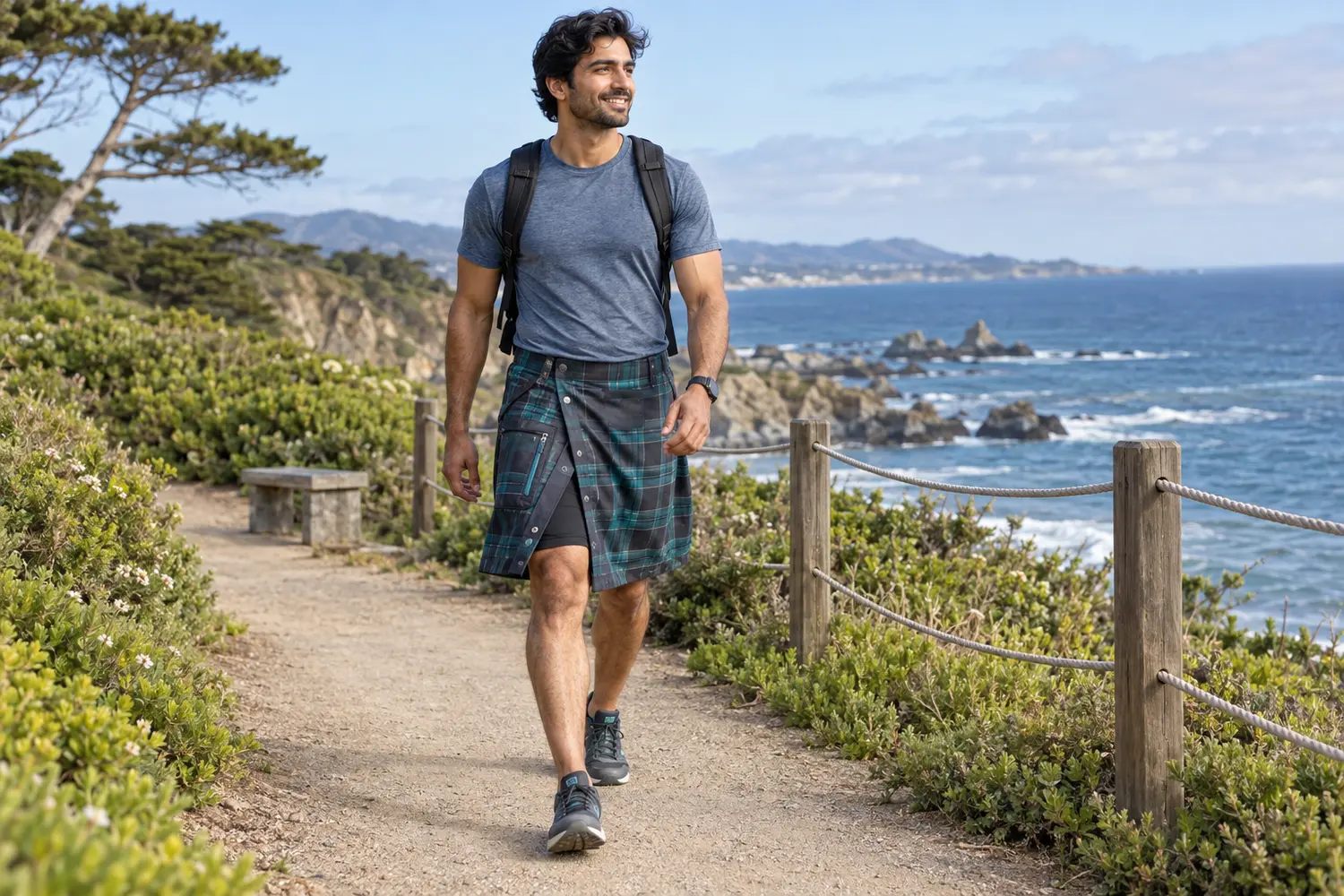 Man wearing an active modern lungi on a coastal trail
