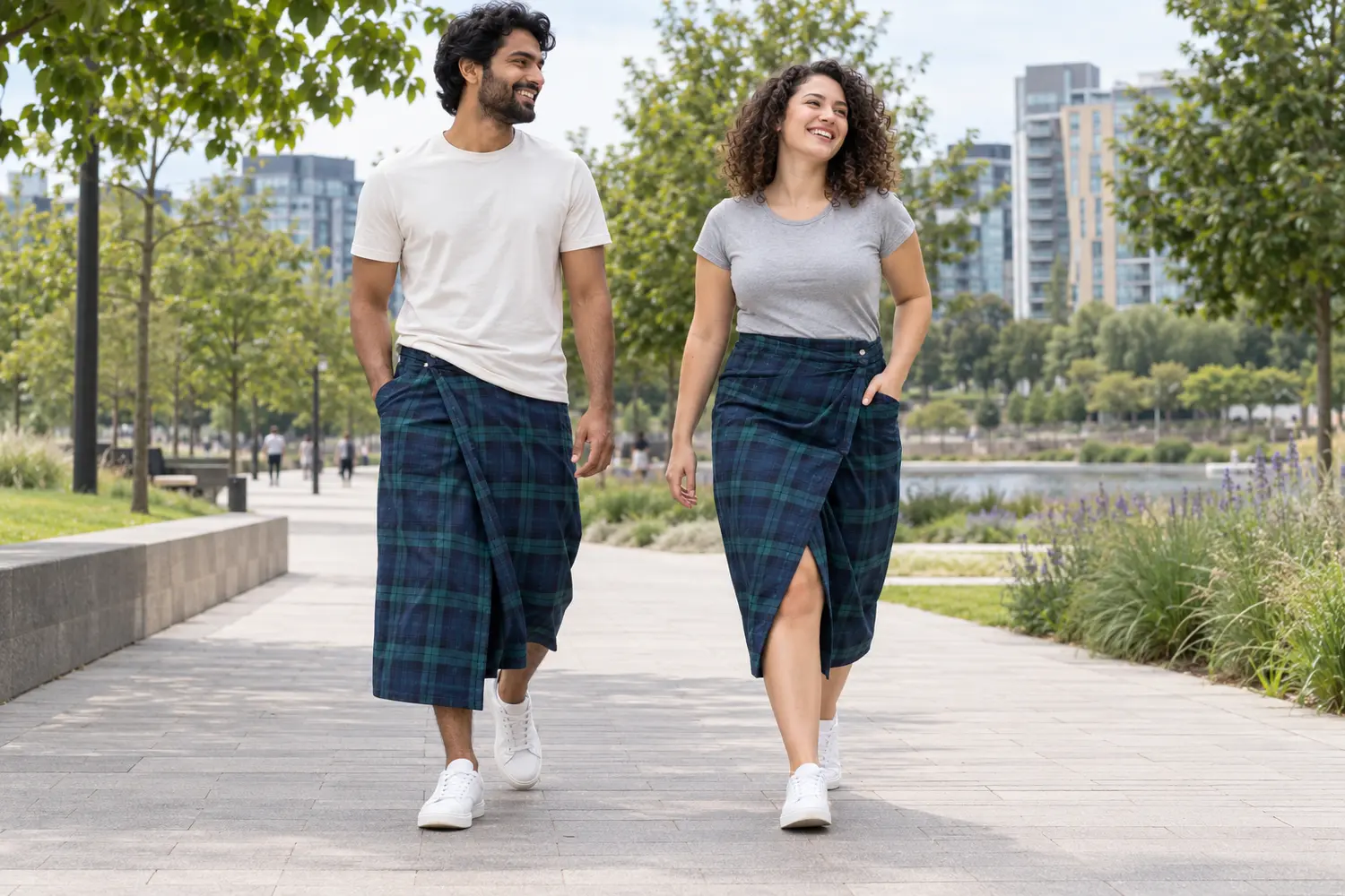 Two adults wearing modern lungi concepts in an urban park