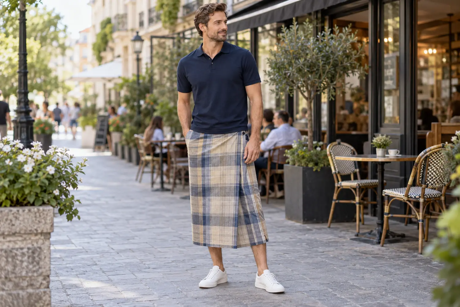 European man styling a checked lungi for a weekend café