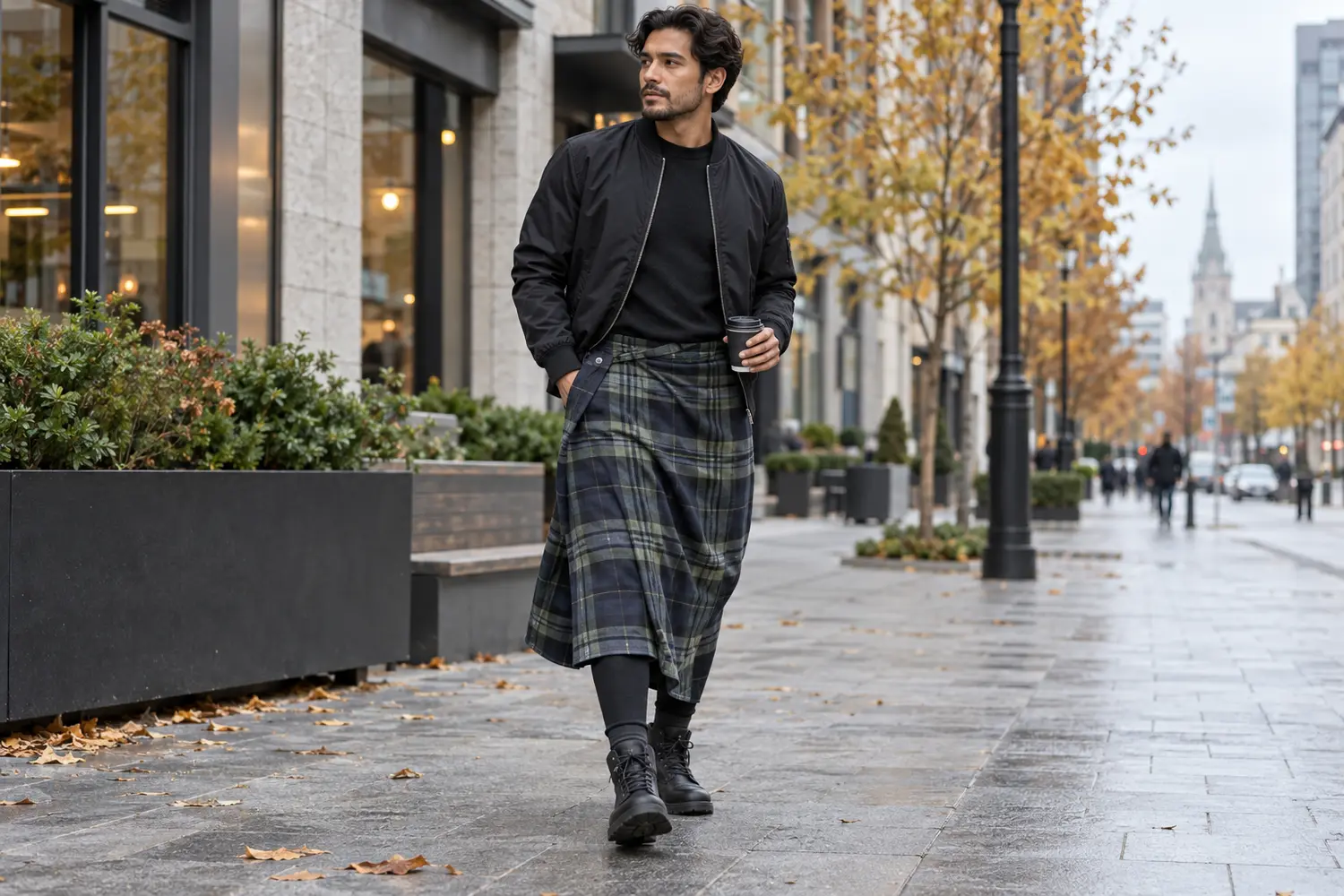 Modern lungi layered over leggings for cold weather
