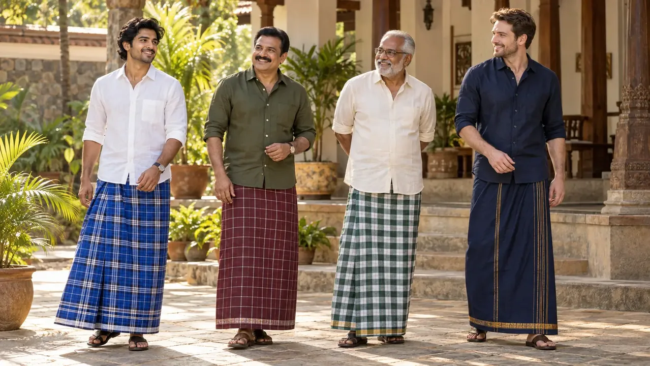 AI lifestyle illustration of generations wearing checked lungis